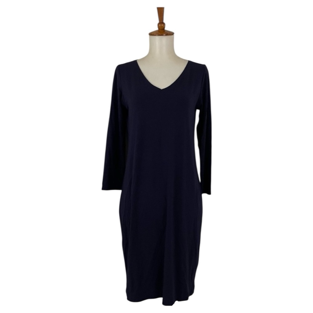 Eileen Fisher Navy Dress Women’s L Blue V-Neck 3/4 Sleeve Casual Relaxed Chic